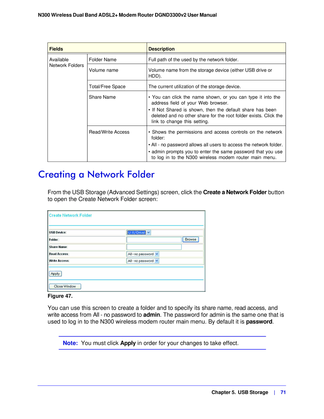 NETGEAR DGND3300-100NAS user manual Creating a Network Folder 