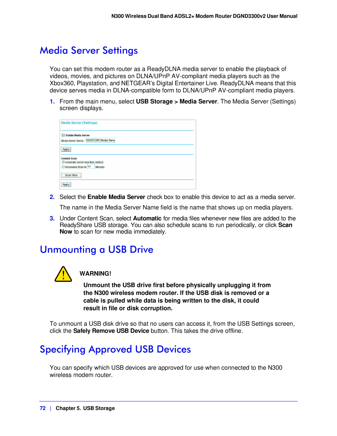 NETGEAR DGND3300-100NAS user manual Media Server Settings, Unmounting a USB Drive, Specifying Approved USB Devices 