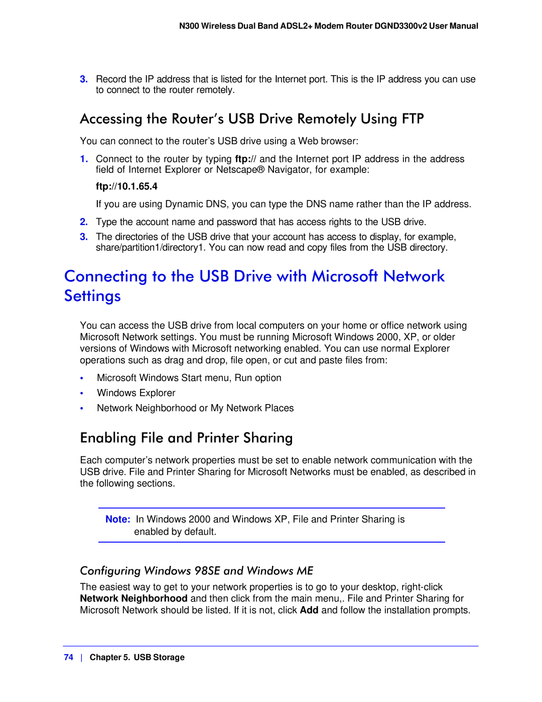 NETGEAR DGND3300-100NAS Connecting to the USB Drive with Microsoft Network Settings, Enabling File and Printer Sharing 