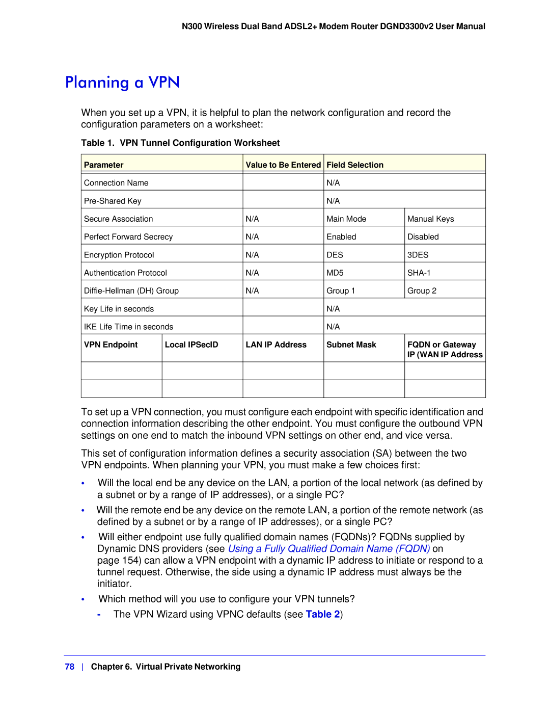 NETGEAR DGND3300-100NAS user manual Planning a VPN, Parameter Value to Be Entered Field Selection 