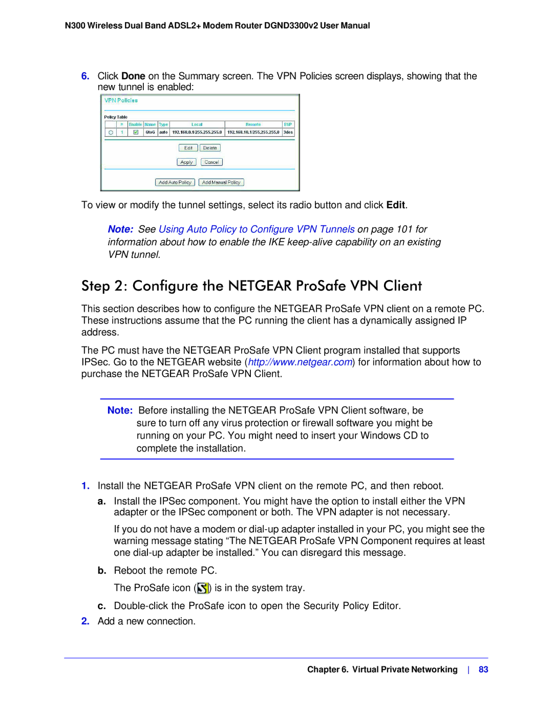 NETGEAR DGND3300-100NAS user manual Configure the Netgear ProSafe VPN Client 