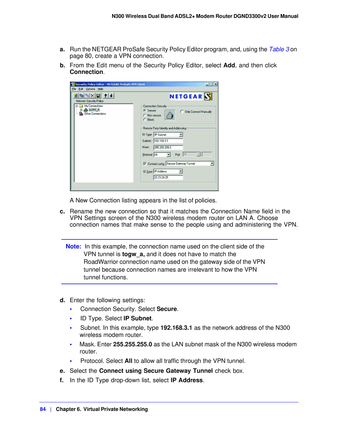 NETGEAR DGND3300-100NAS user manual Select the Connect using Secure Gateway Tunnel check box 