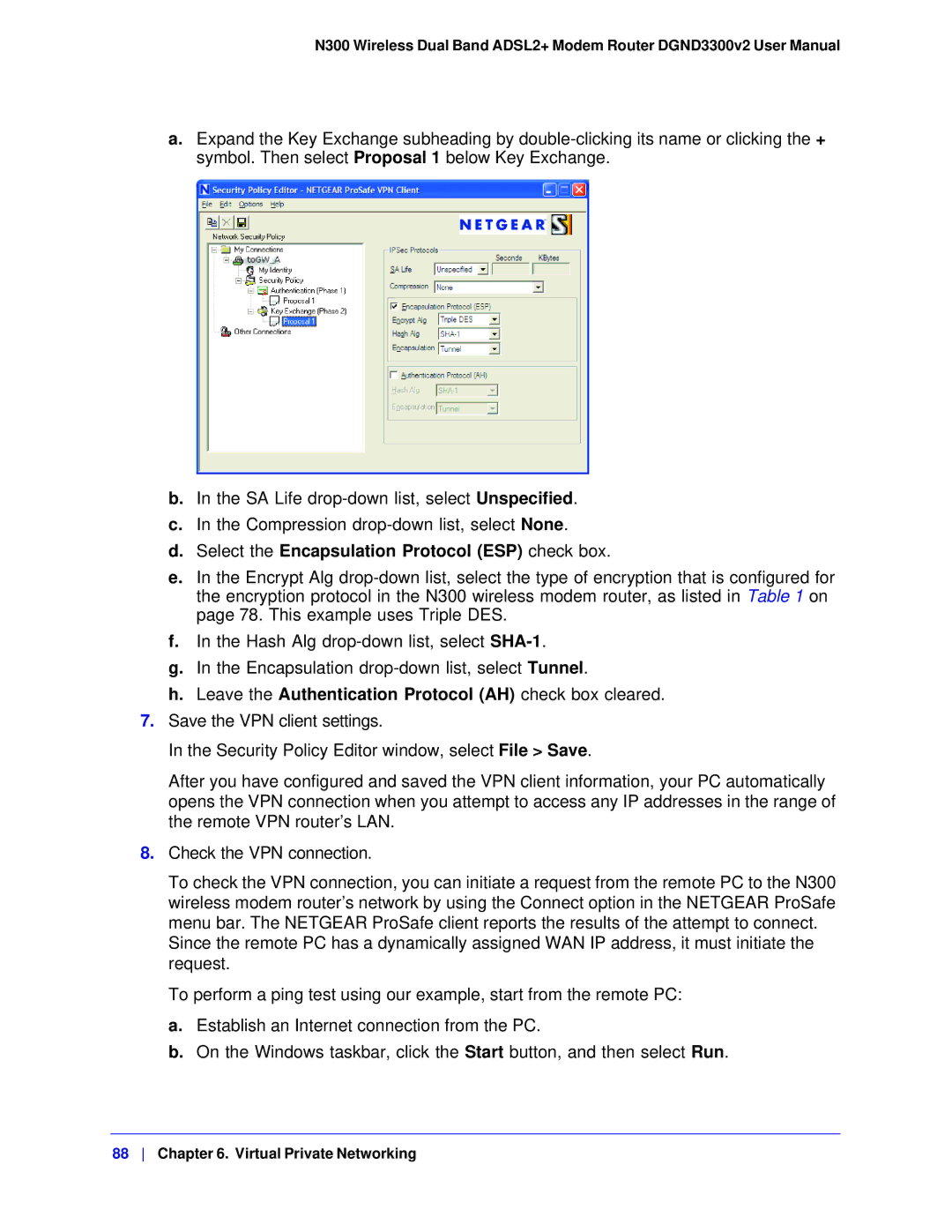 NETGEAR DGND3300-100NAS user manual Select the Encapsulation Protocol ESP check box 