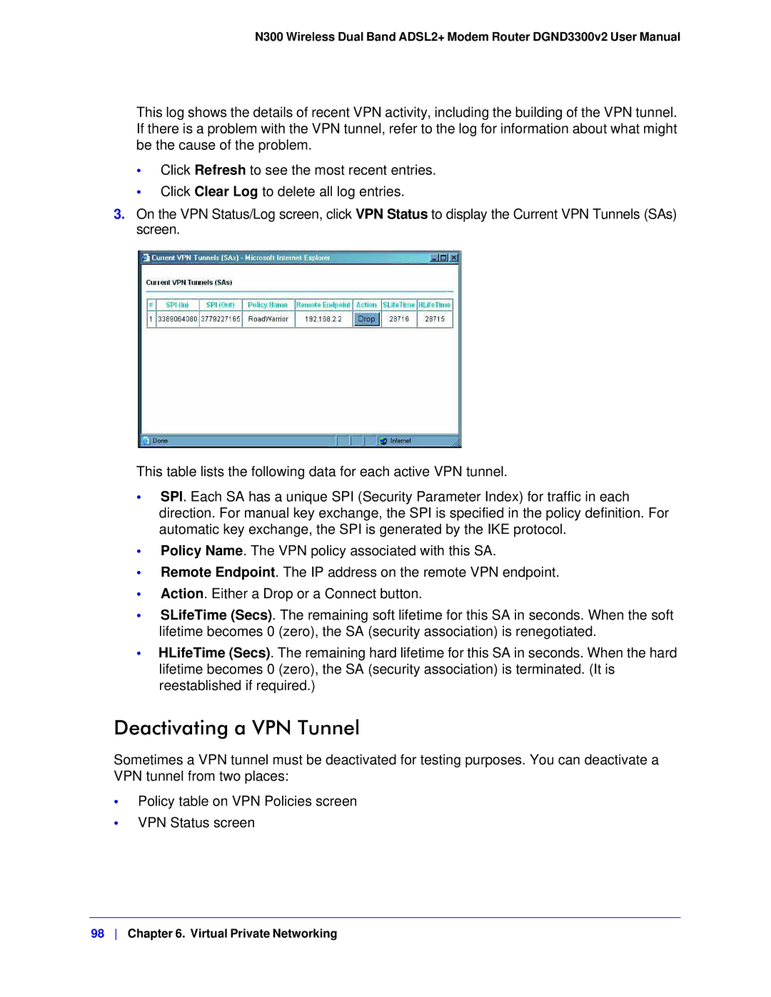 NETGEAR DGND3300-100NAS user manual Deactivating a VPN Tunnel 