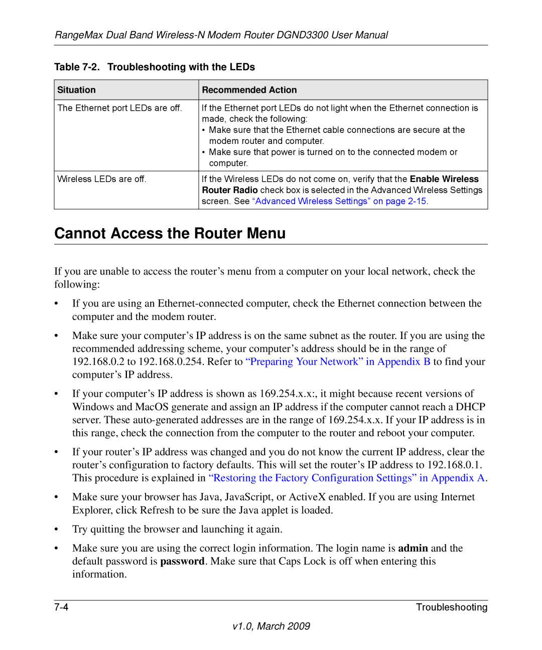 NETGEAR DGND3300 user manual Cannot Access the Router Menu 