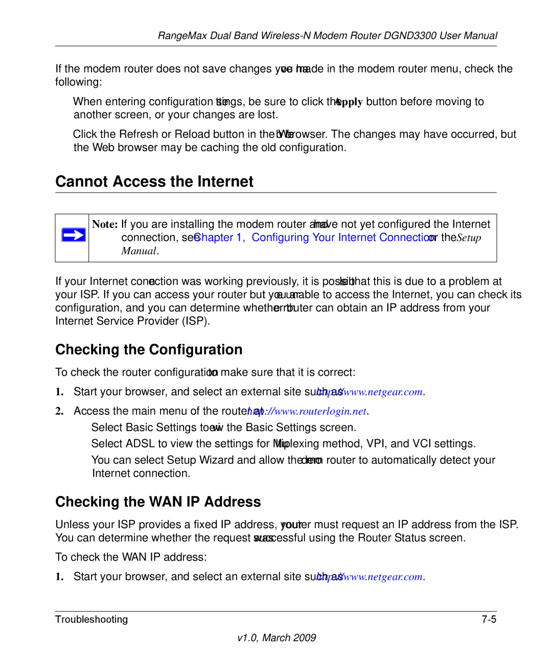 NETGEAR DGND3300 user manual Cannot Access the Internet, Checking the Configuration, Checking the WAN IP Address 