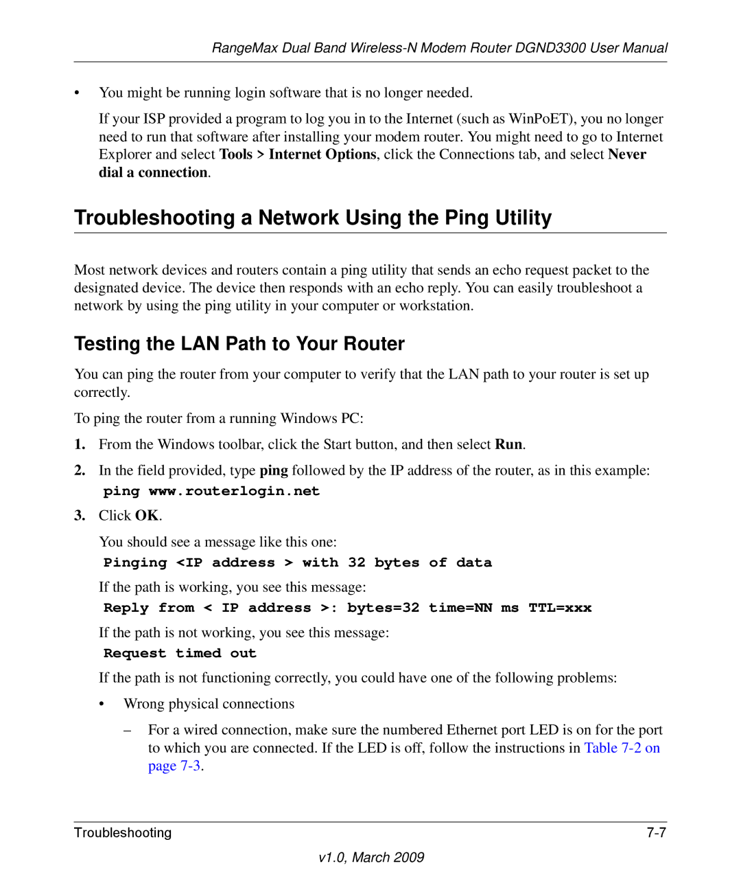 NETGEAR DGND3300 user manual Troubleshooting a Network Using the Ping Utility, Testing the LAN Path to Your Router 