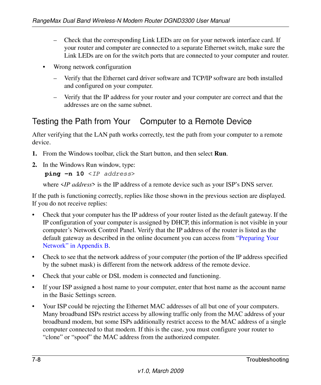 NETGEAR DGND3300 user manual Testing the Path from Your Computer to a Remote Device, Ping -n 10 IP address 