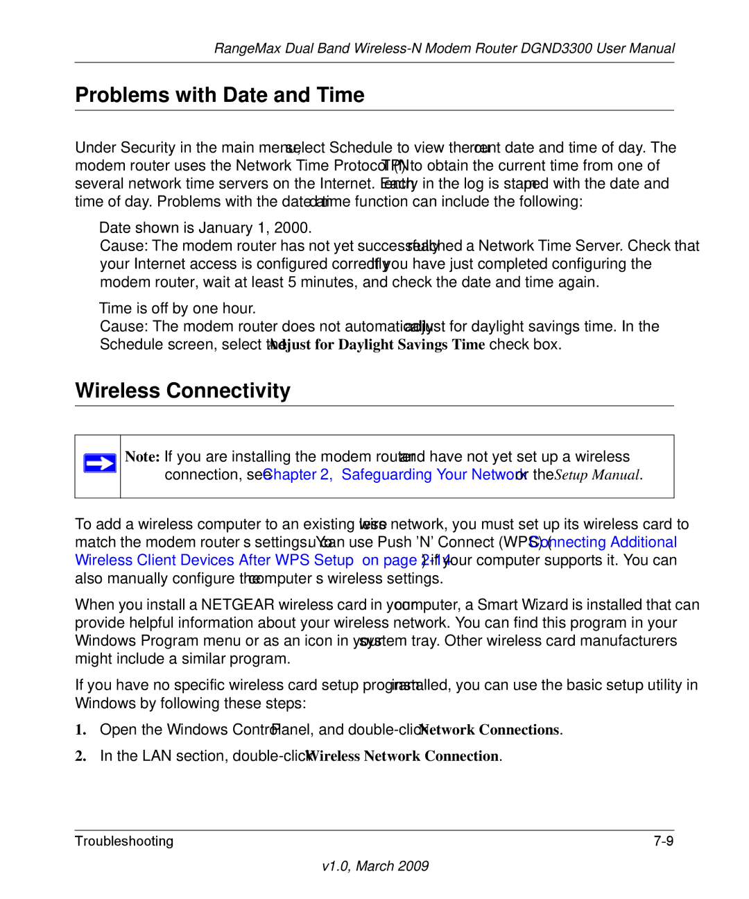 NETGEAR DGND3300 user manual Problems with Date and Time, Wireless Connectivity 