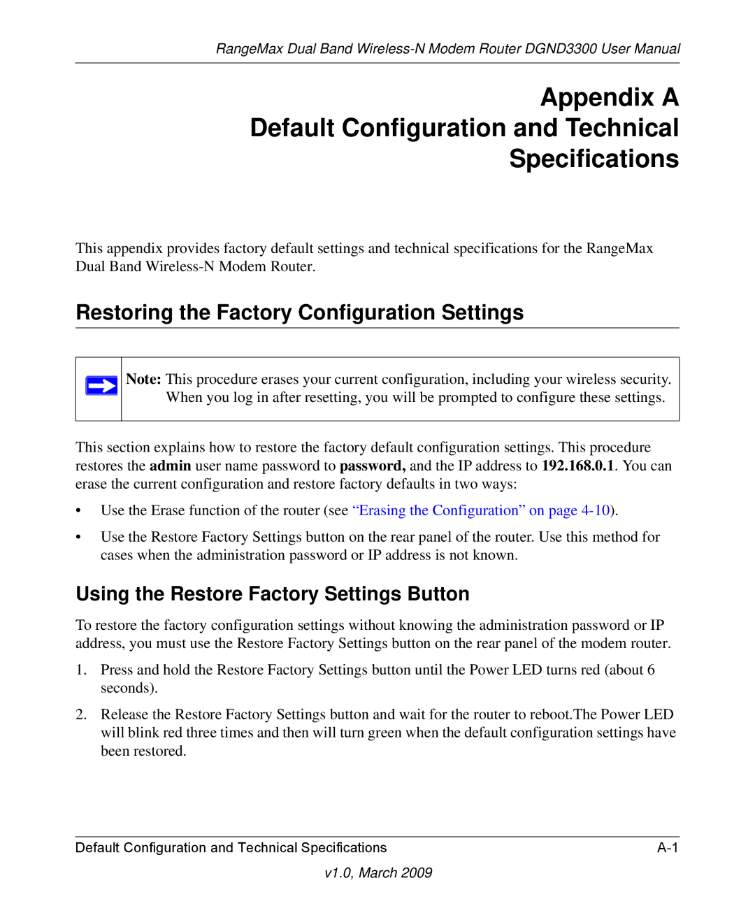 NETGEAR DGND3300 user manual Restoring the Factory Configuration Settings, Using the Restore Factory Settings Button 