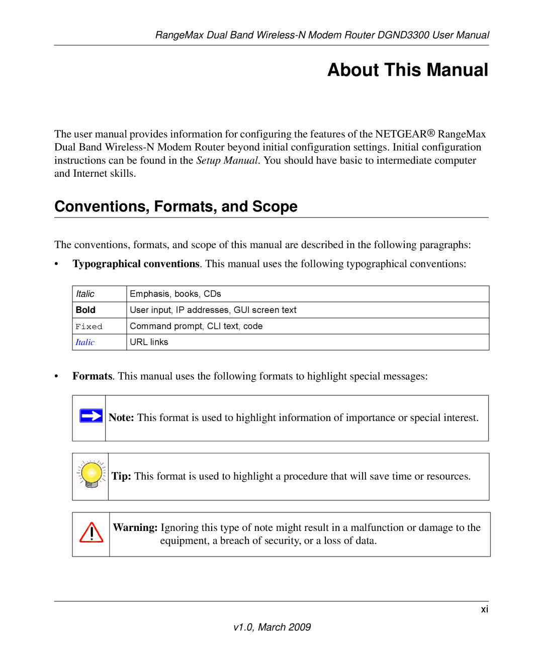 NETGEAR DGND3300 user manual About This Manual, Conventions, Formats, and Scope 