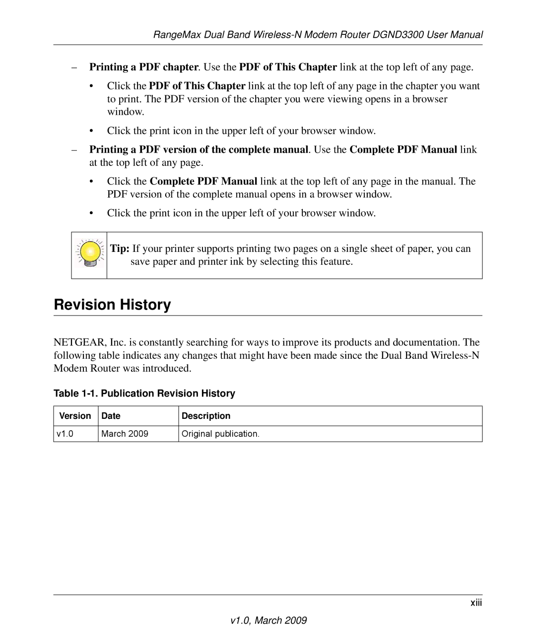 NETGEAR DGND3300 user manual Publication Revision History, Version Date Description V1.0 March Original publication 