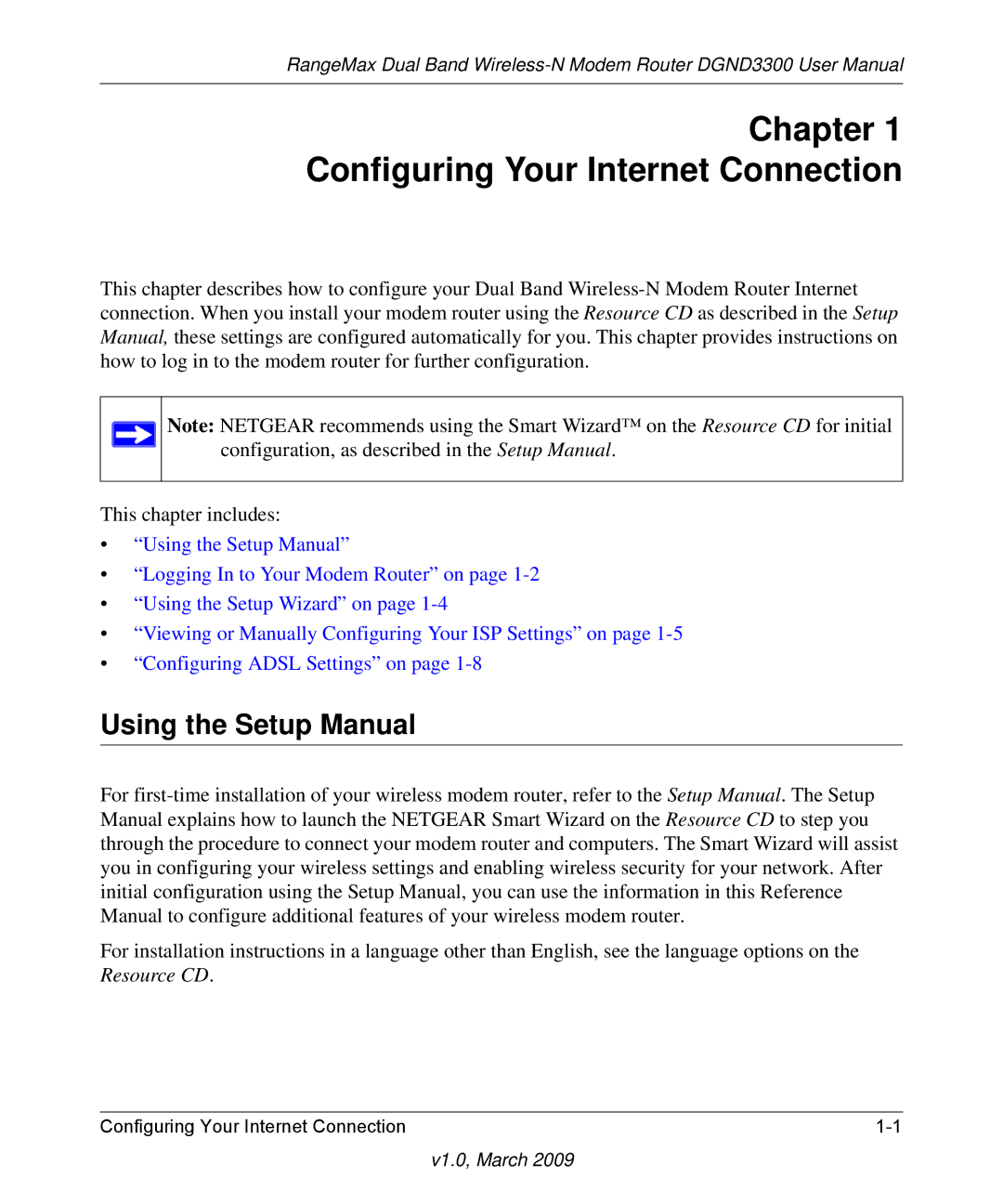 NETGEAR DGND3300 user manual Chapter Configuring Your Internet Connection, Using the Setup Manual 