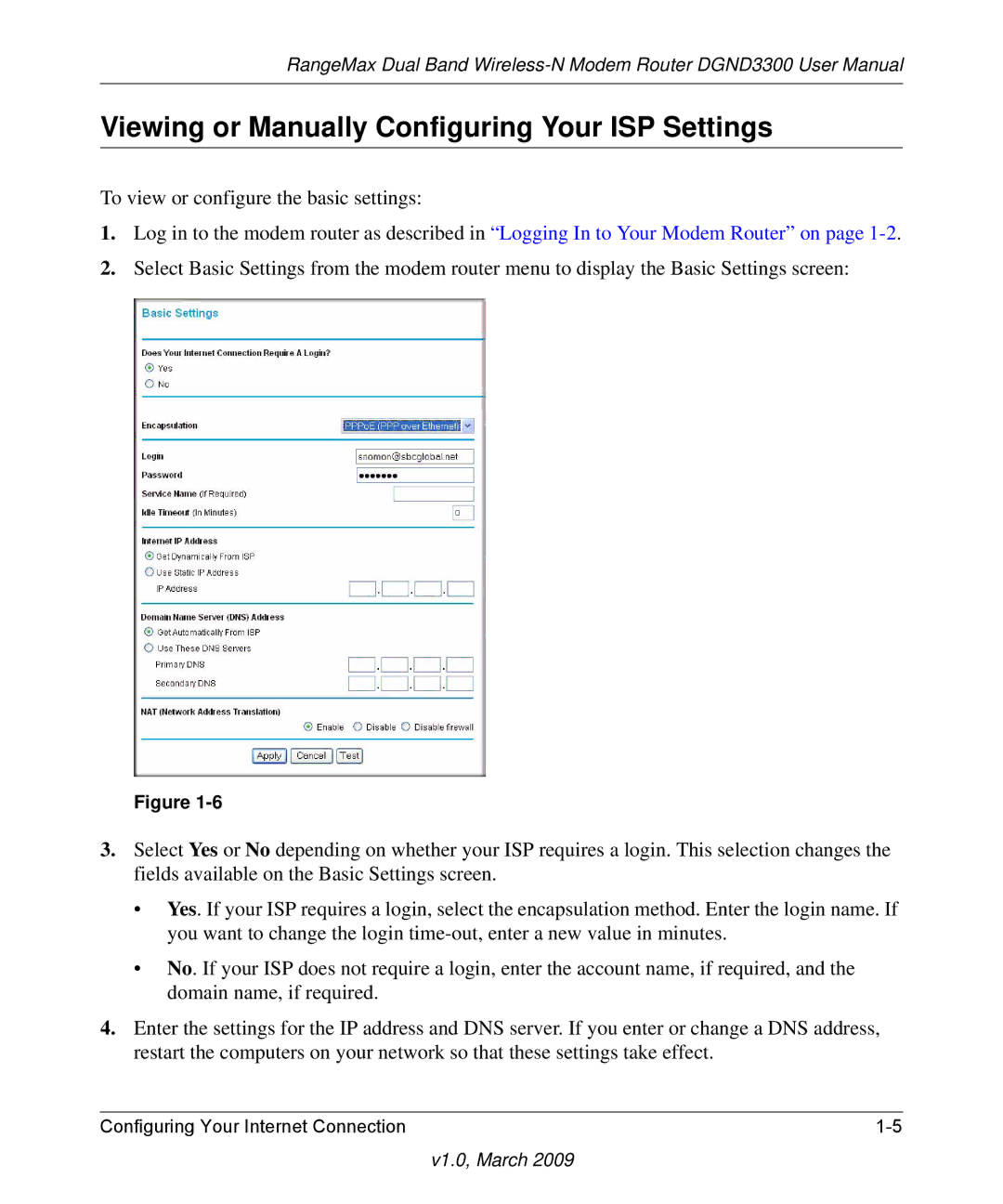 NETGEAR DGND3300 user manual Viewing or Manually Configuring Your ISP Settings 