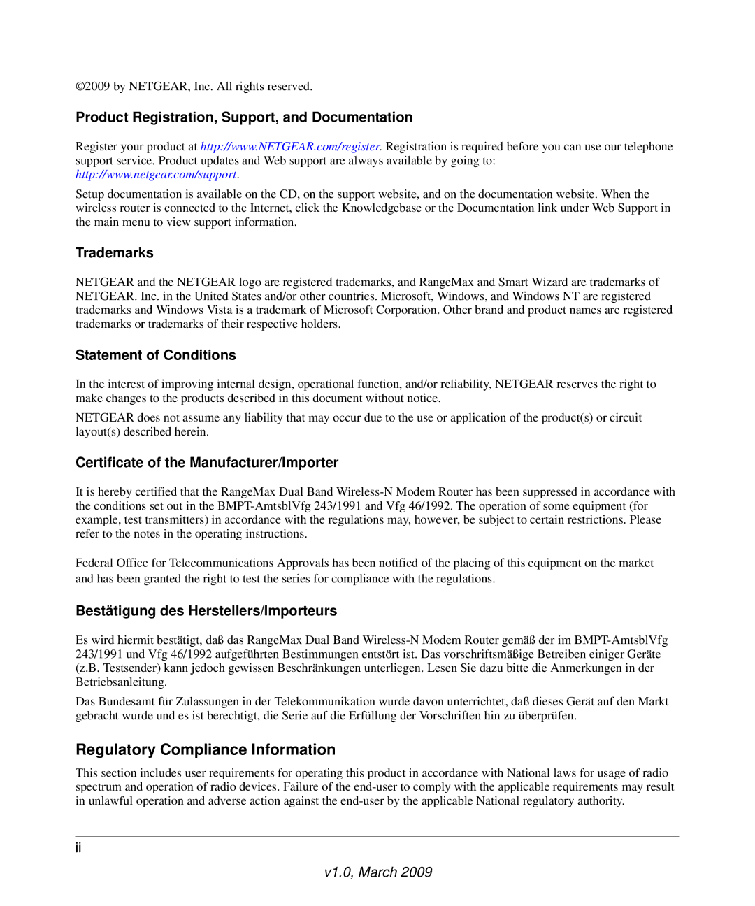 NETGEAR DGND3300 user manual Product Registration, Support, and Documentation, Trademarks, Statement of Conditions 