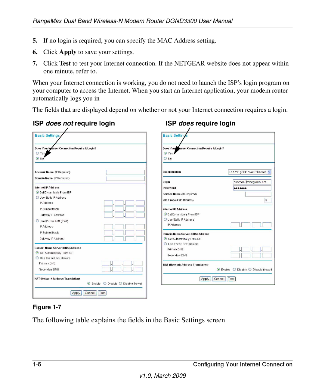 NETGEAR DGND3300 user manual ISP does not require login 