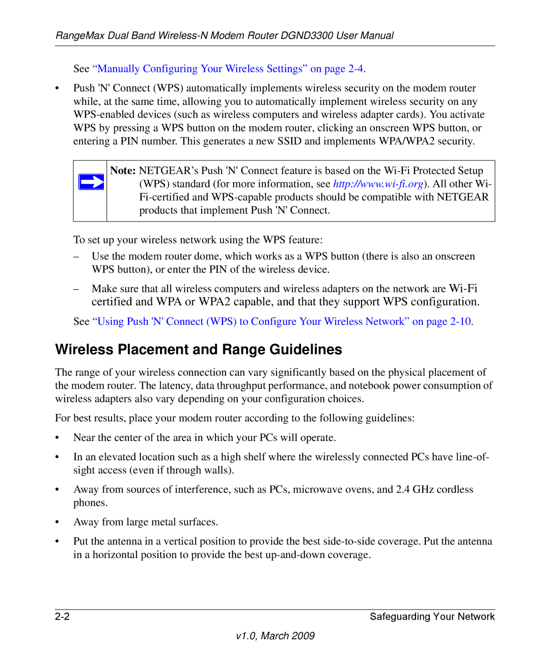 NETGEAR DGND3300 user manual Wireless Placement and Range Guidelines, See Manually Configuring Your Wireless Settings on 