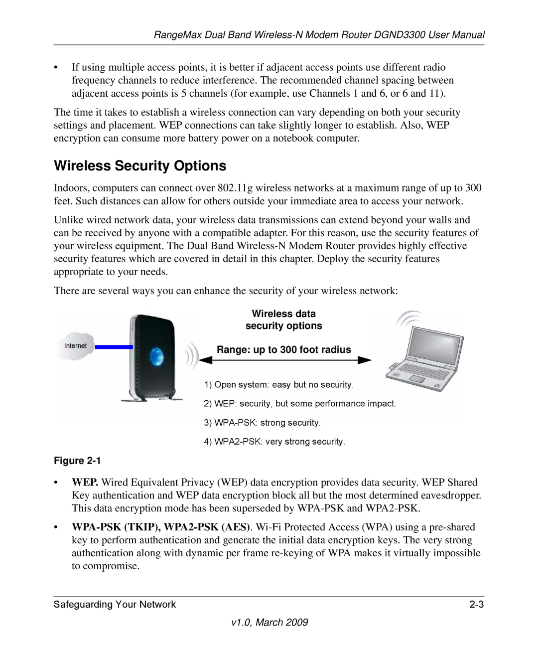 NETGEAR DGND3300 user manual Wireless Security Options, Wireless data Security options Range up to 300 foot radius 