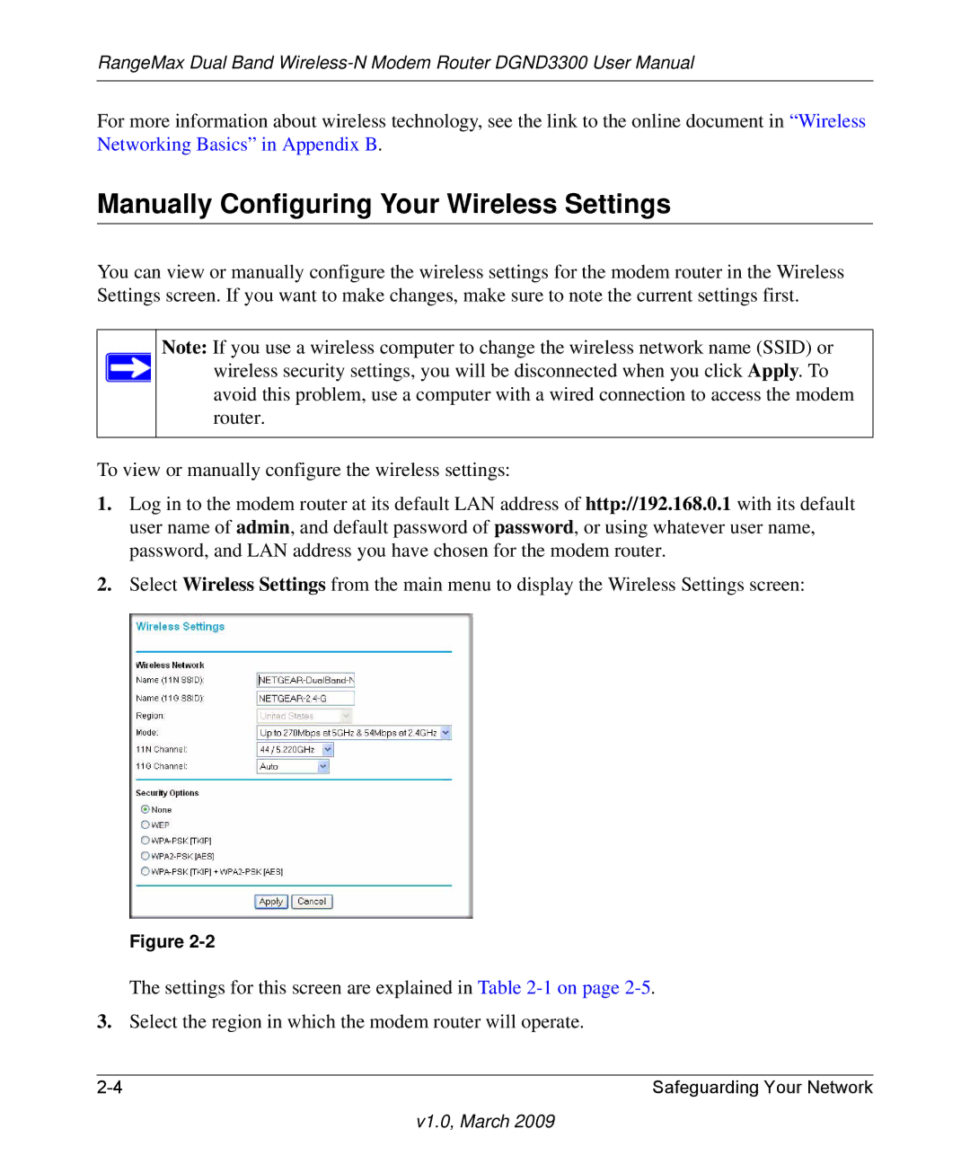 NETGEAR DGND3300 user manual Manually Configuring Your Wireless Settings 