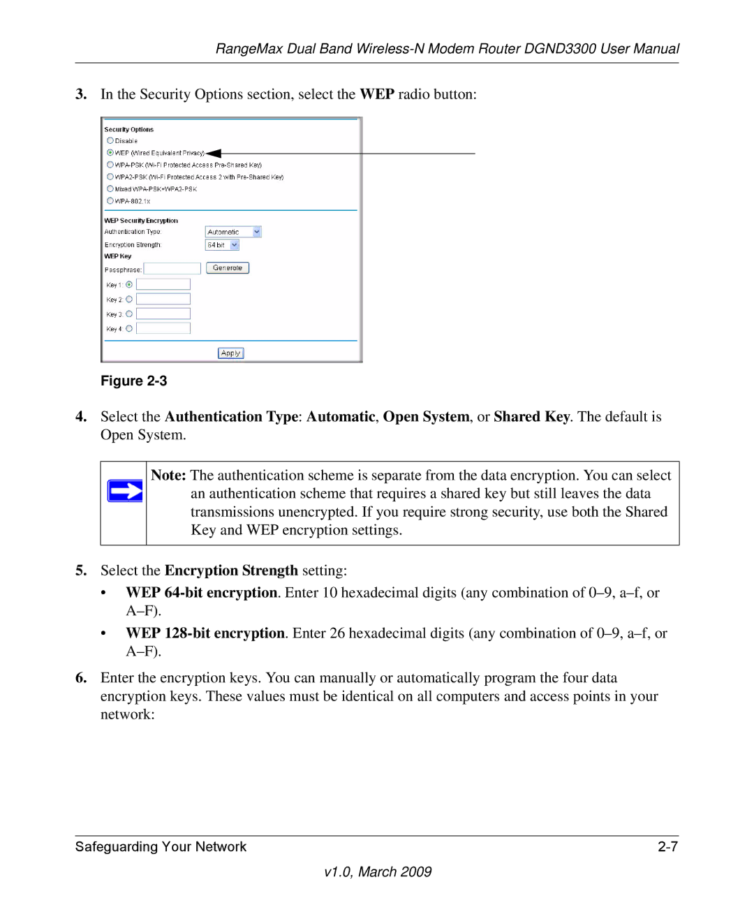 NETGEAR DGND3300 user manual Security Options section, select the WEP radio button 