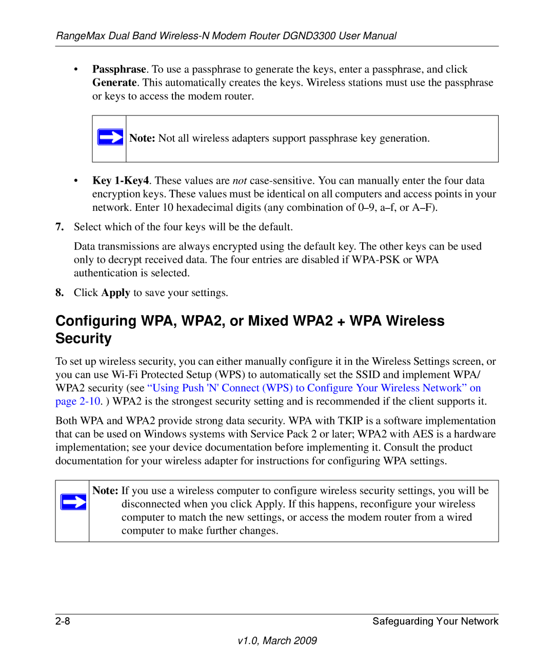 NETGEAR DGND3300 user manual Configuring WPA, WPA2, or Mixed WPA2 + WPA Wireless Security 