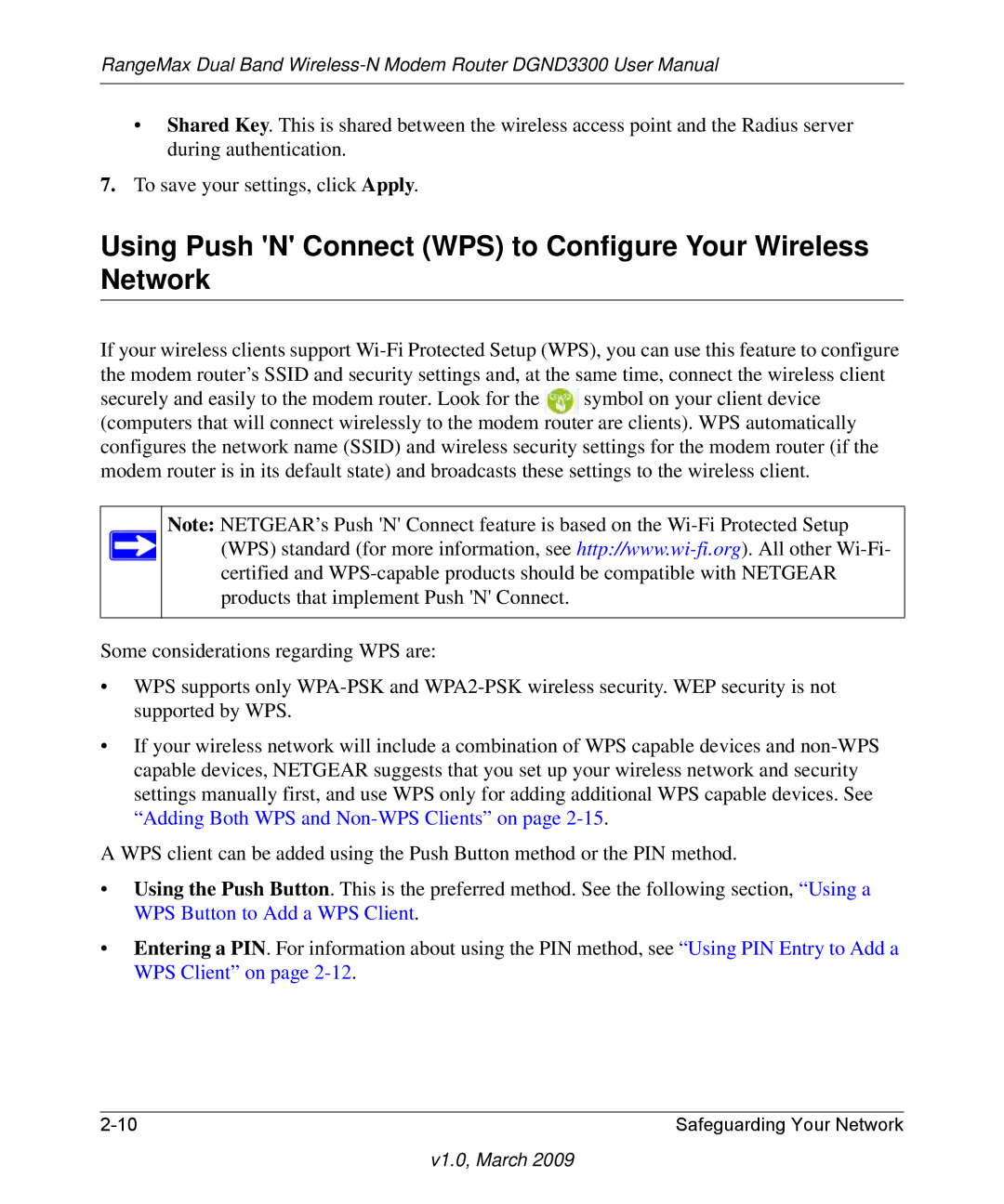 NETGEAR DGND3300 user manual Using Push N Connect WPS to Configure Your Wireless Network 