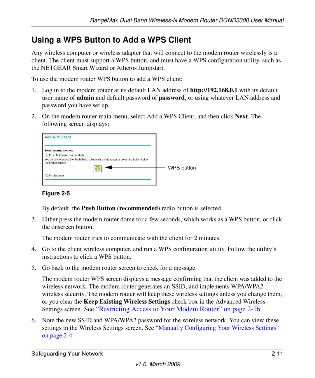 NETGEAR DGND3300 user manual Using a WPS Button to Add a WPS Client 