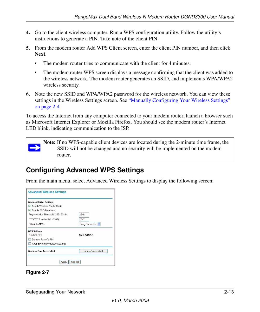 NETGEAR DGND3300 user manual Configuring Advanced WPS Settings 