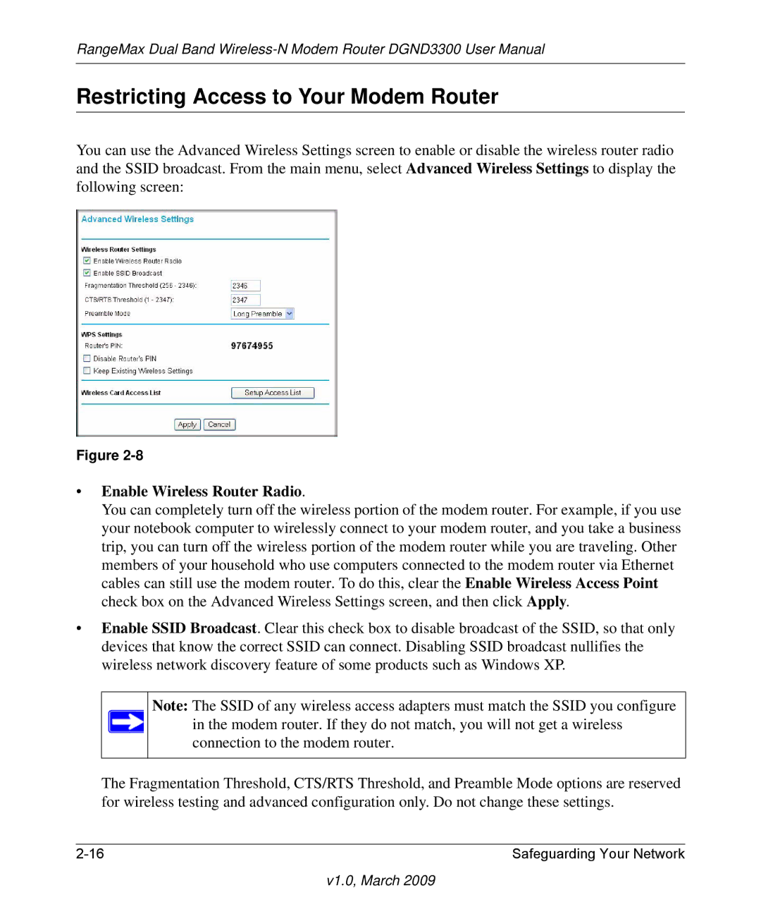 NETGEAR DGND3300 user manual Restricting Access to Your Modem Router, Enable Wireless Router Radio 