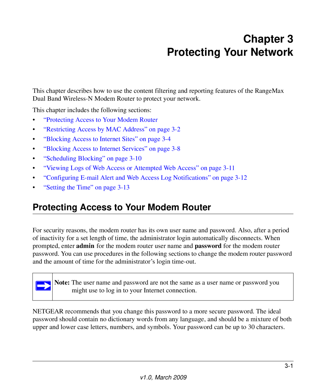 NETGEAR DGND3300 user manual Chapter Protecting Your Network, Protecting Access to Your Modem Router 