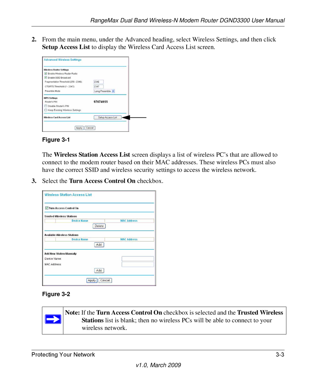 NETGEAR DGND3300 user manual Select the Turn Access Control On checkbox 