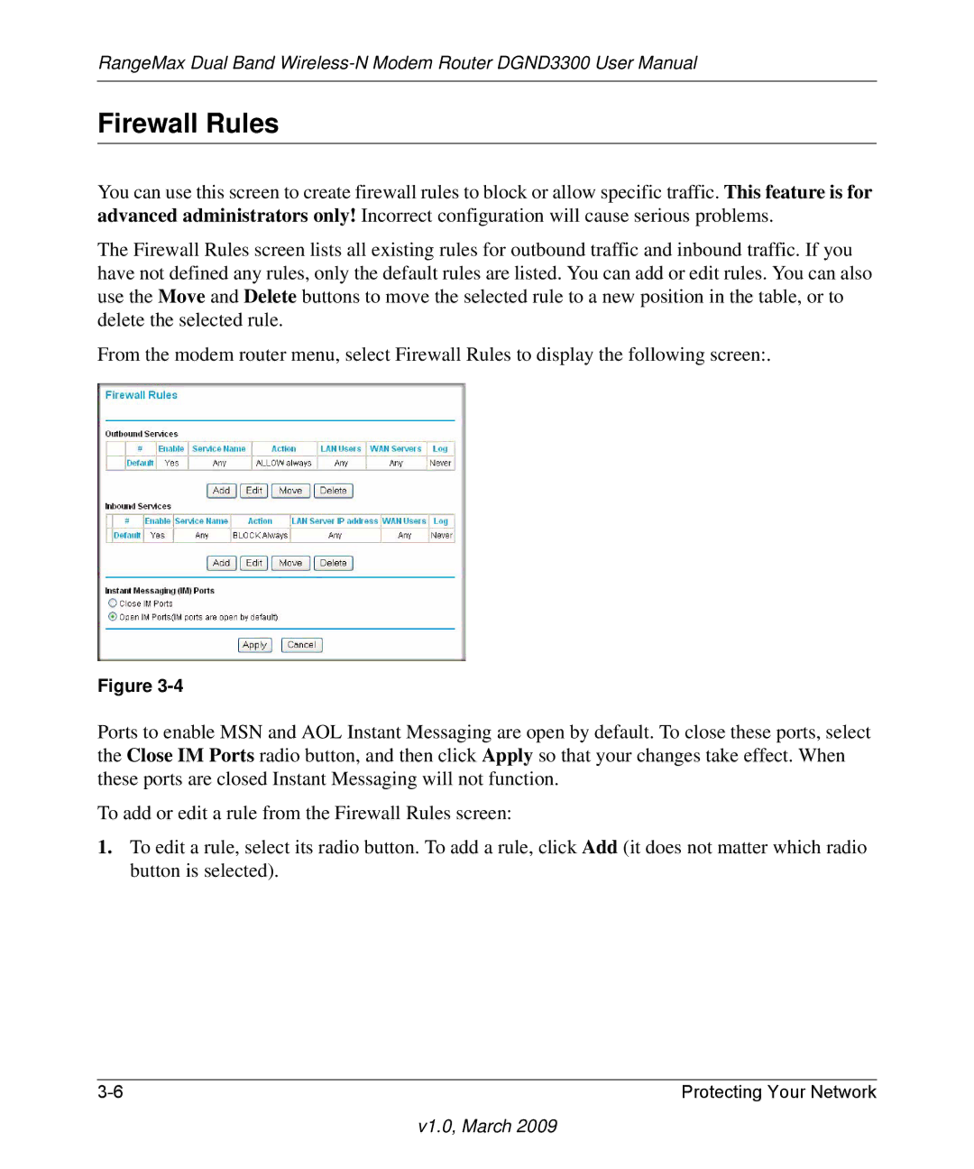 NETGEAR DGND3300 user manual Firewall Rules 