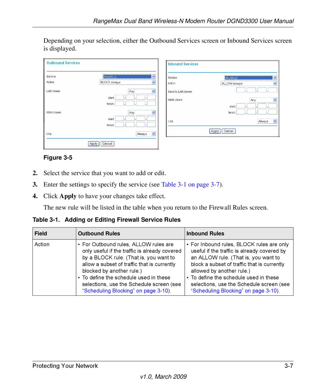 NETGEAR DGND3300 user manual Adding or Editing Firewall Service Rules, Field Outbound Rules Inbound Rules 