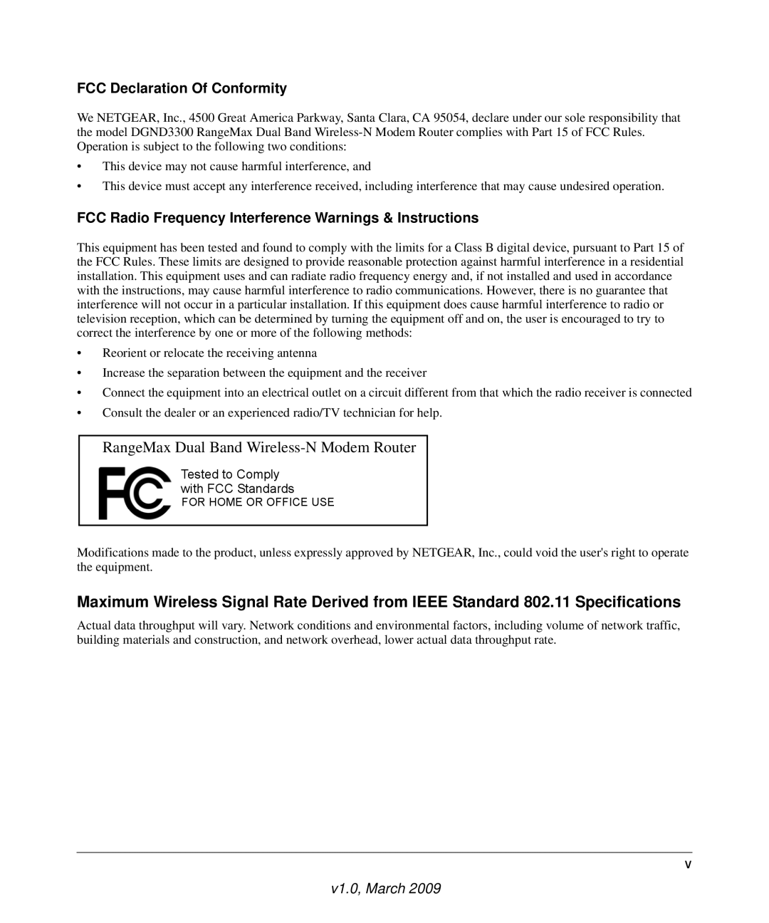 NETGEAR DGND3300 user manual FCC Declaration Of Conformity, FCC Radio Frequency Interference Warnings & Instructions 