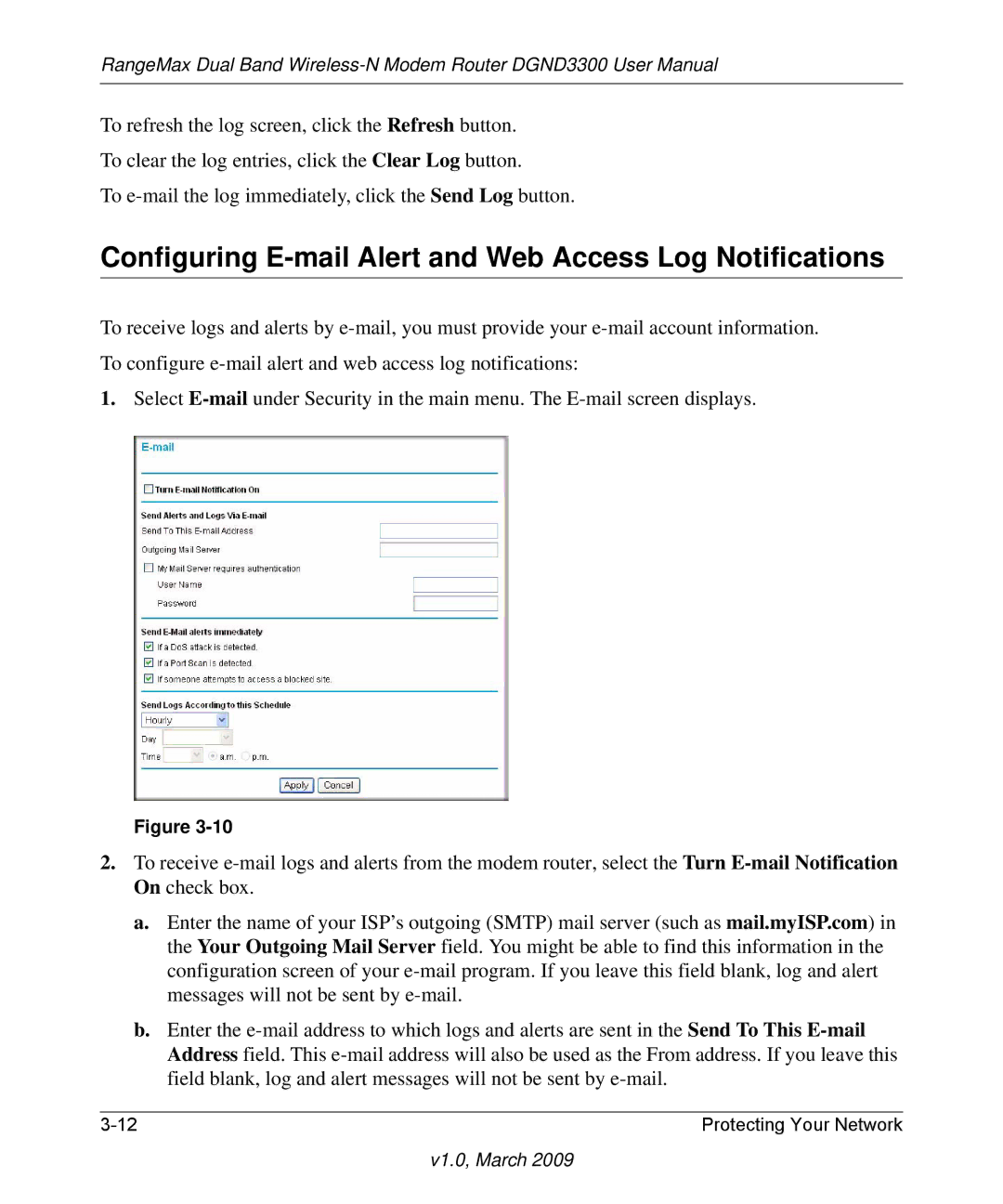 NETGEAR DGND3300 user manual Configuring E-mail Alert and Web Access Log Notifications 