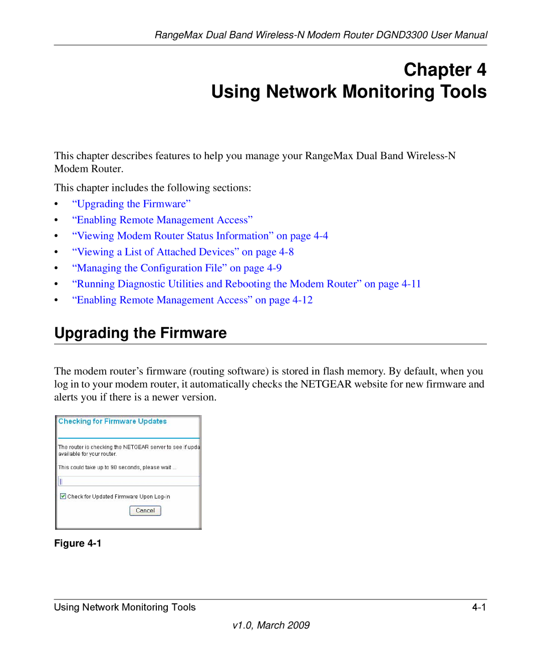 NETGEAR DGND3300 user manual Chapter Using Network Monitoring Tools, Upgrading the Firmware 