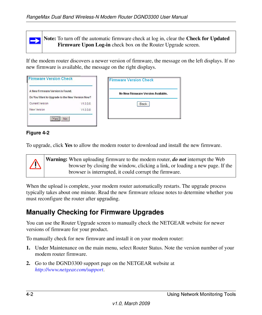 NETGEAR DGND3300 user manual Manually Checking for Firmware Upgrades 