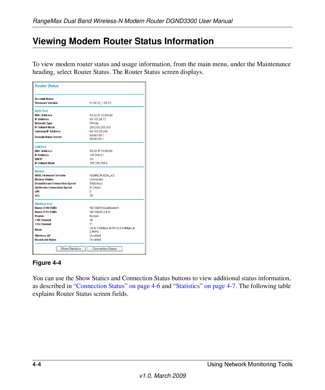 NETGEAR DGND3300 user manual Viewing Modem Router Status Information 