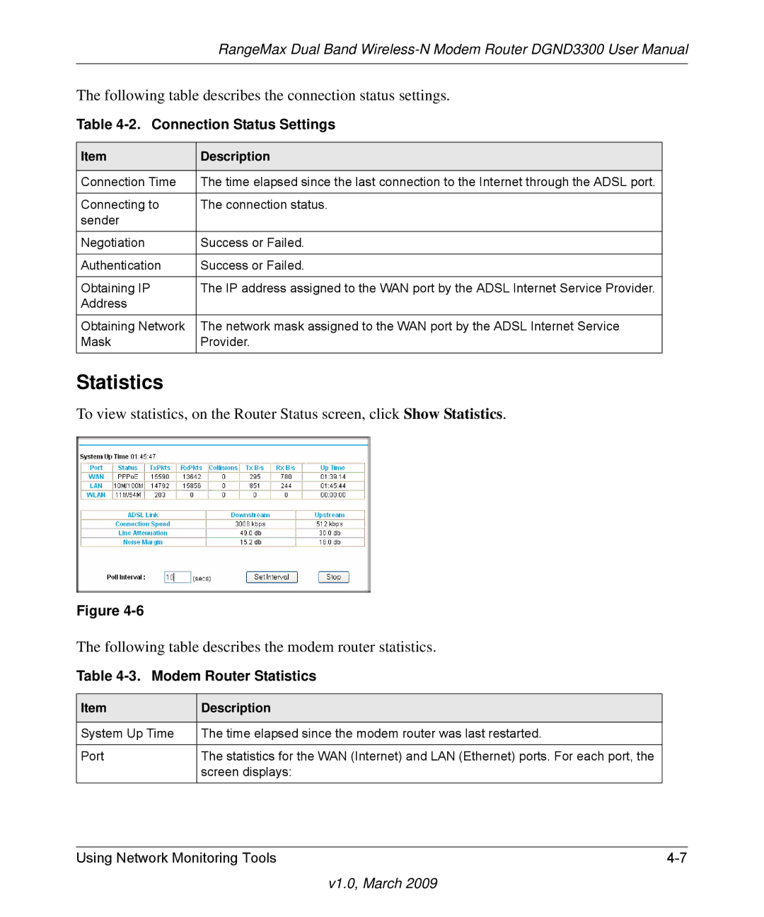 NETGEAR DGND3300 user manual Connection Status Settings, Modem Router Statistics 