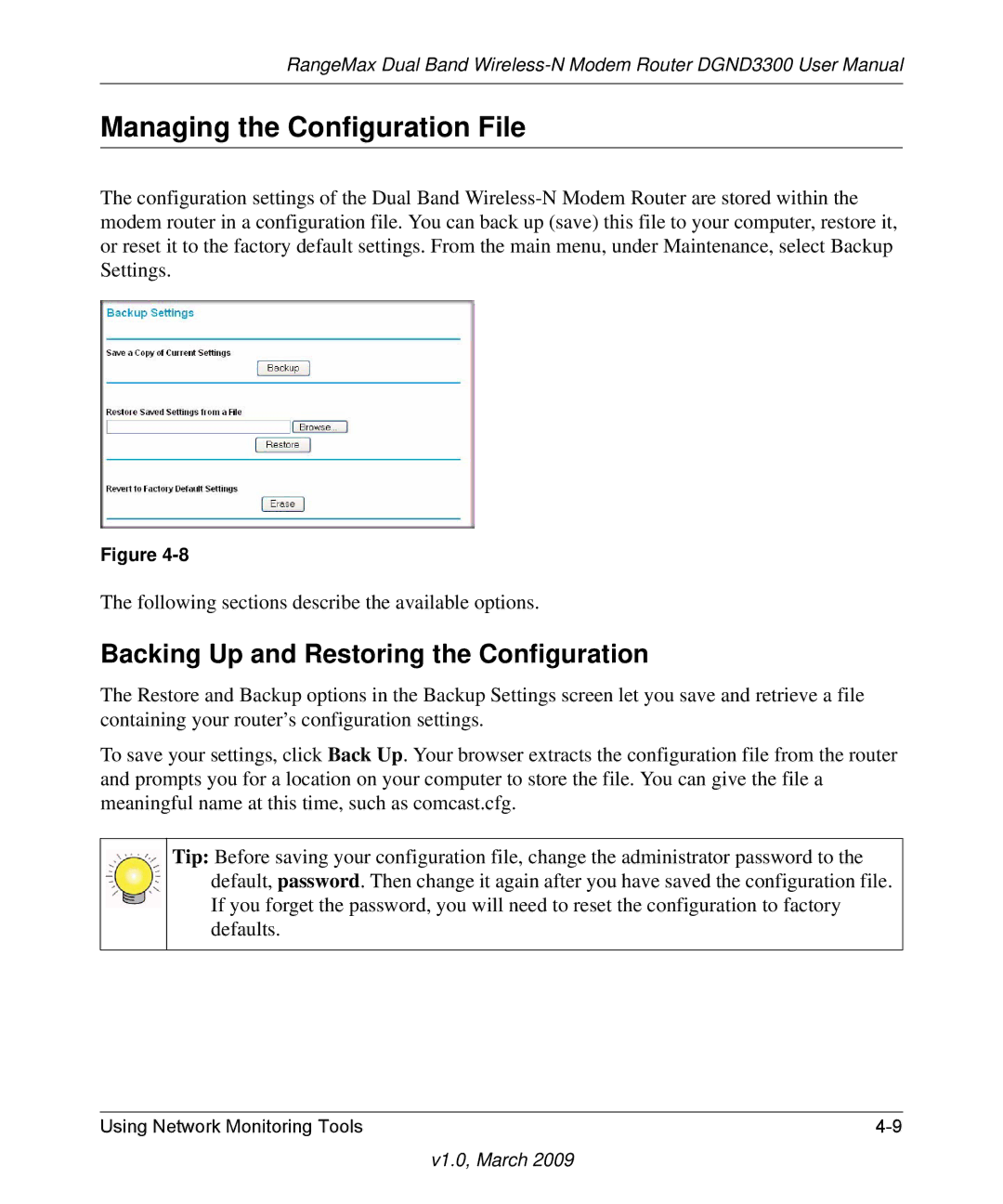 NETGEAR DGND3300 user manual Managing the Configuration File, Backing Up and Restoring the Configuration 