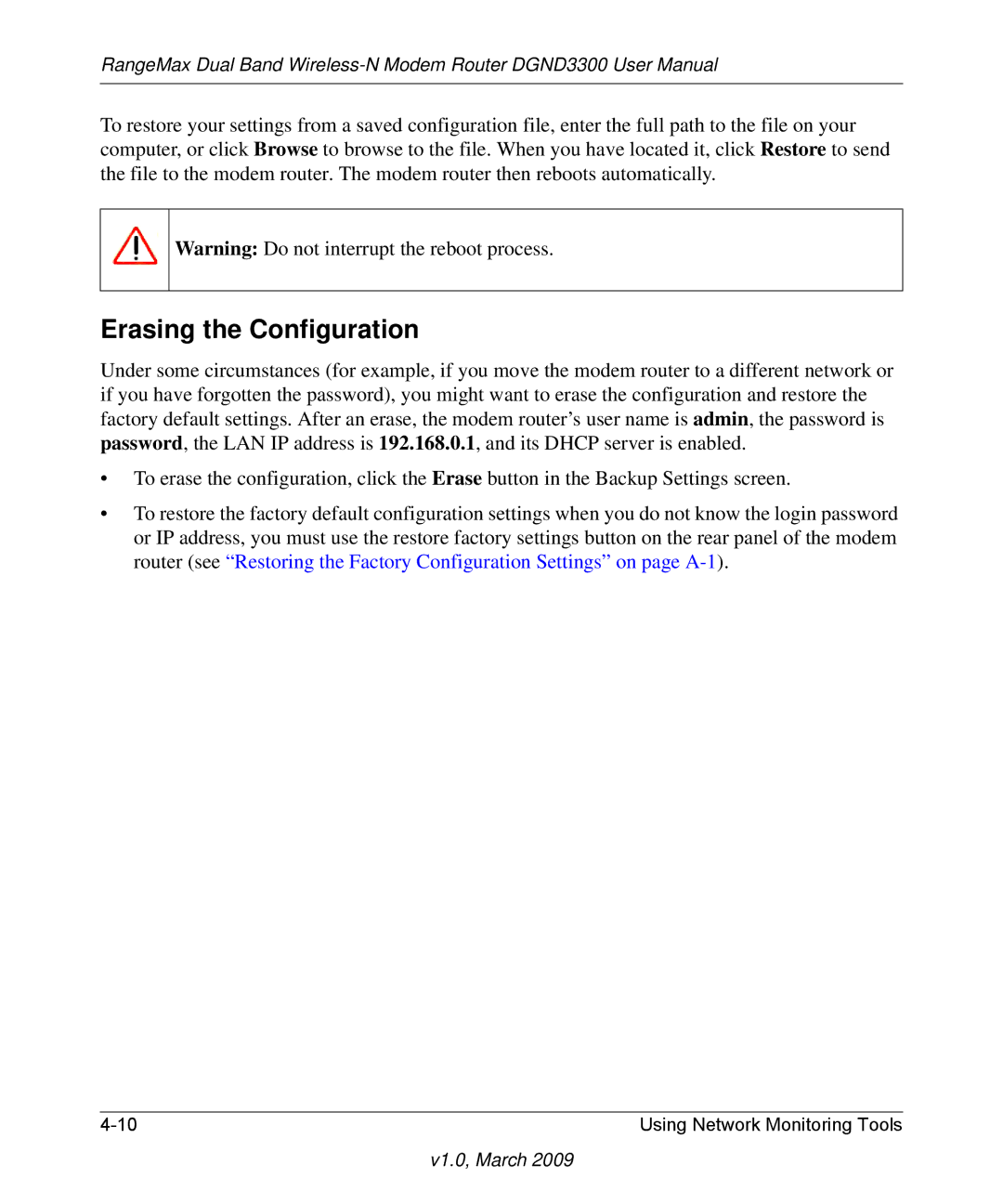 NETGEAR DGND3300 user manual Erasing the Configuration 