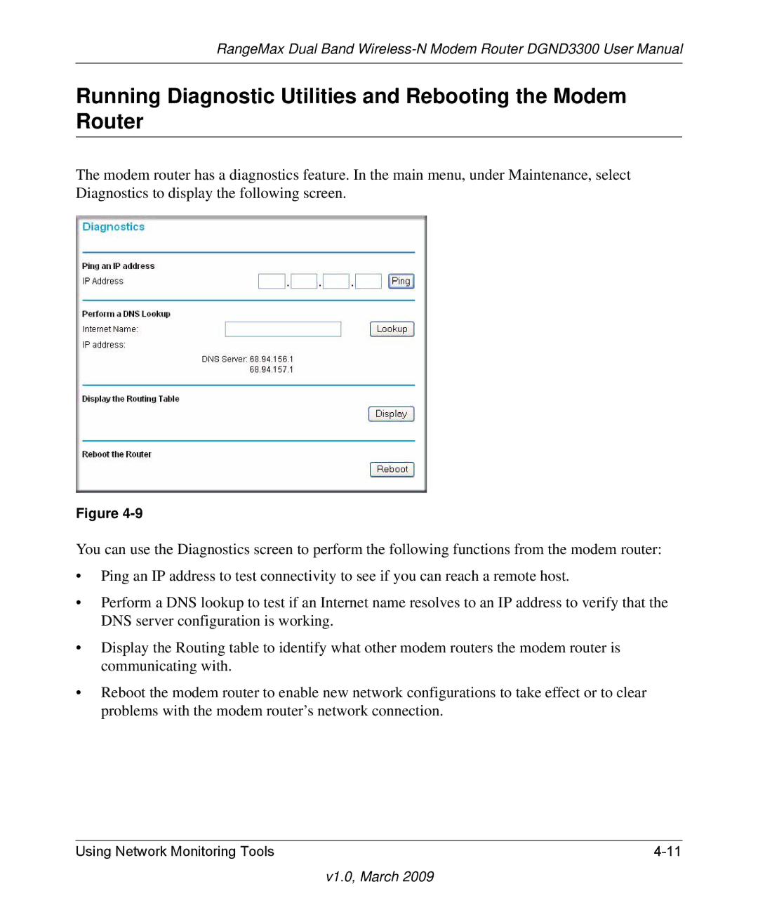 NETGEAR DGND3300 user manual Running Diagnostic Utilities and Rebooting the Modem Router 