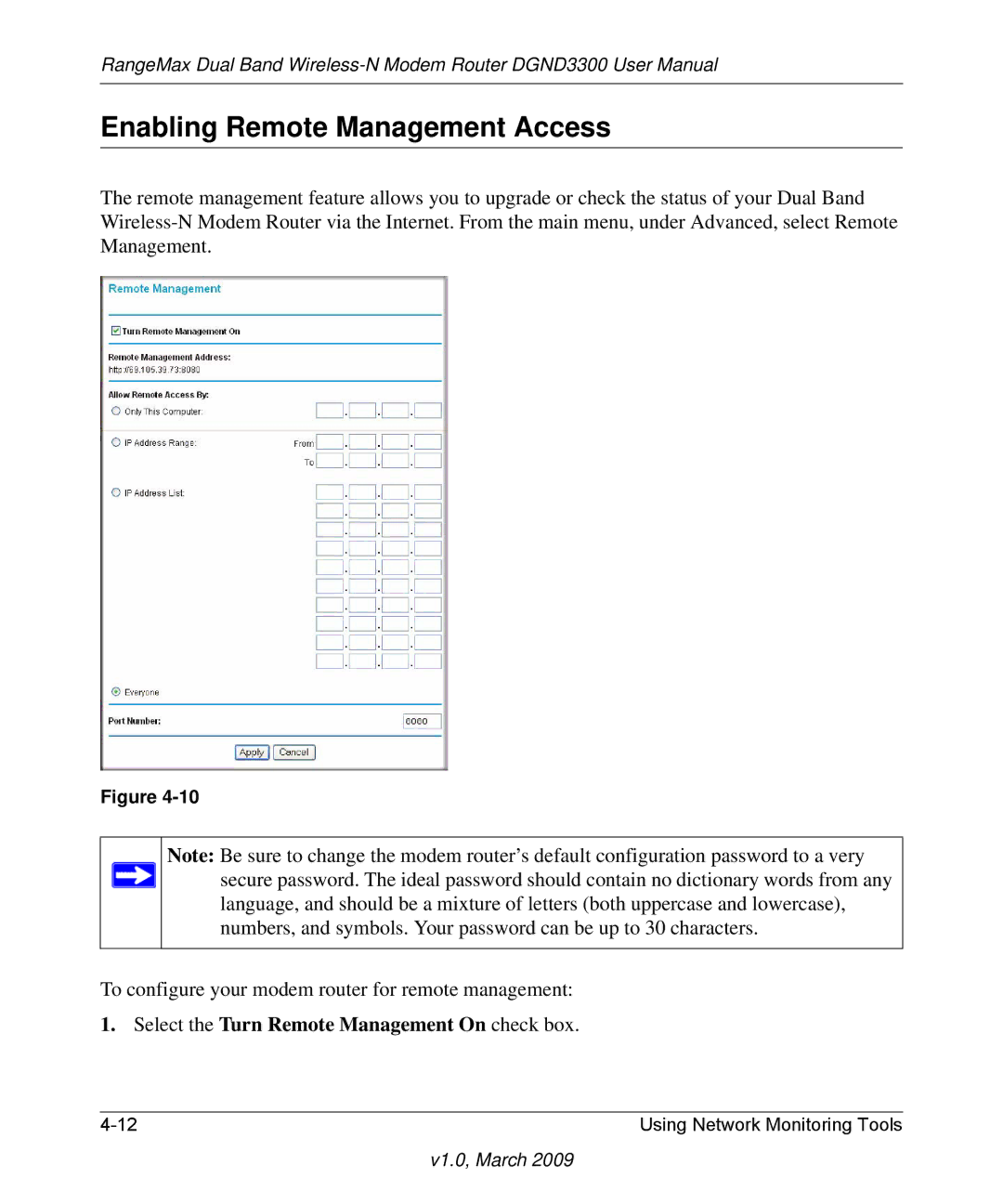 NETGEAR DGND3300 user manual Enabling Remote Management Access, Select the Turn Remote Management On check box 