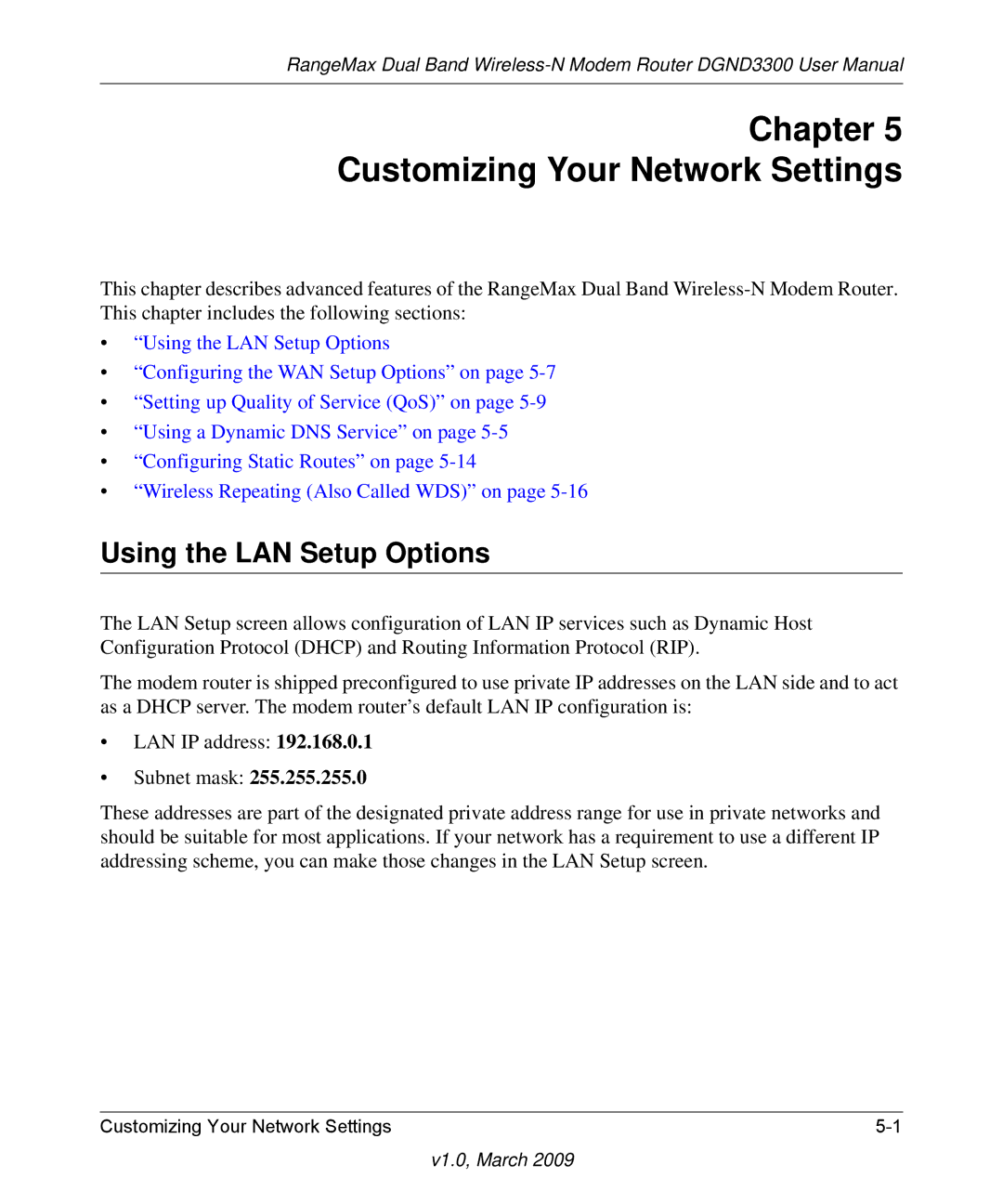 NETGEAR DGND3300 user manual Chapter Customizing Your Network Settings, Using the LAN Setup Options 