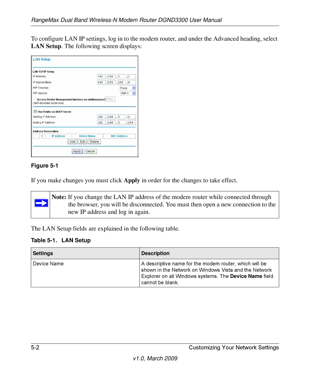 NETGEAR DGND3300 user manual LAN Setup, Settings 