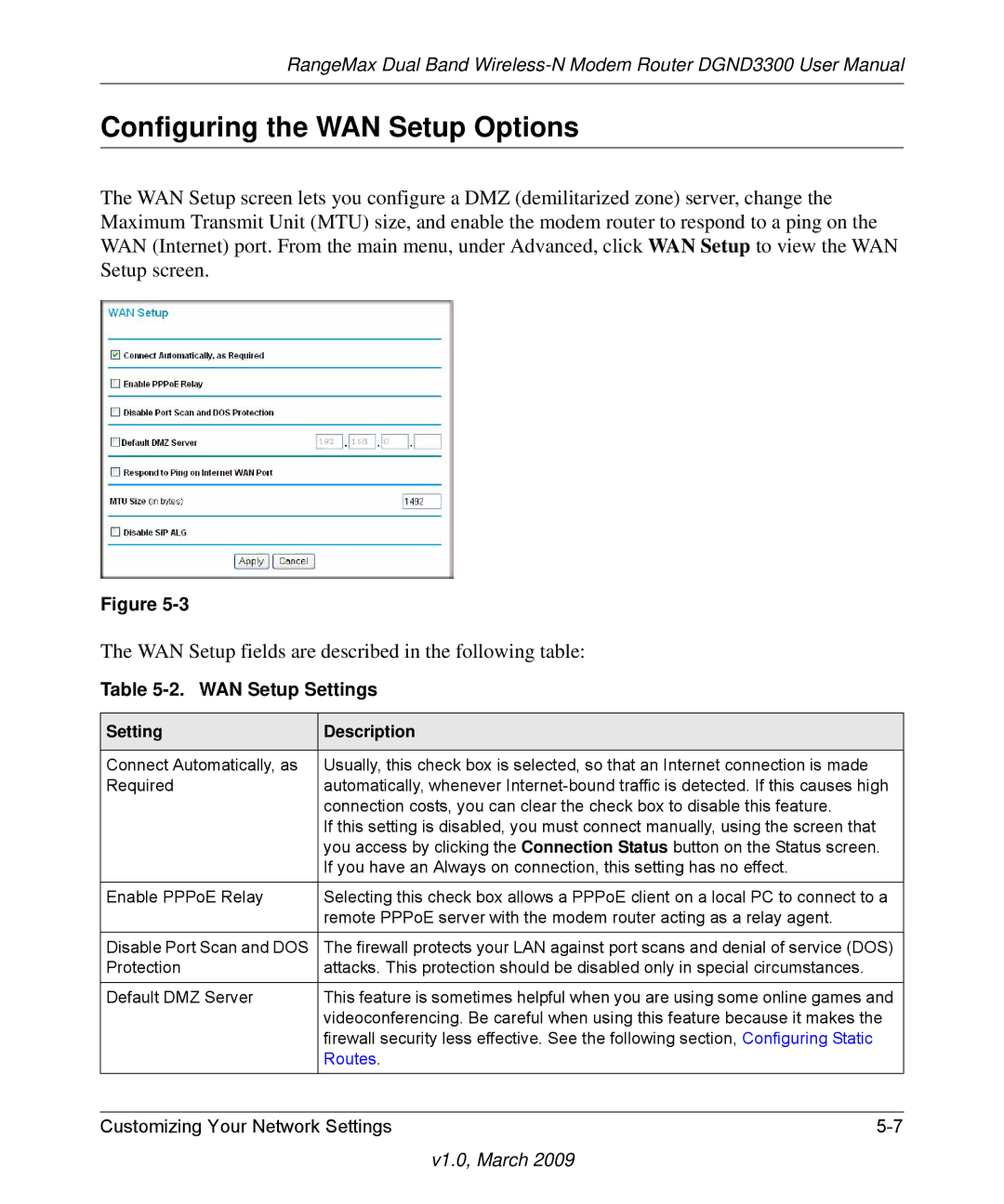 NETGEAR DGND3300 user manual Configuring the WAN Setup Options, WAN Setup Settings, Setting Description 