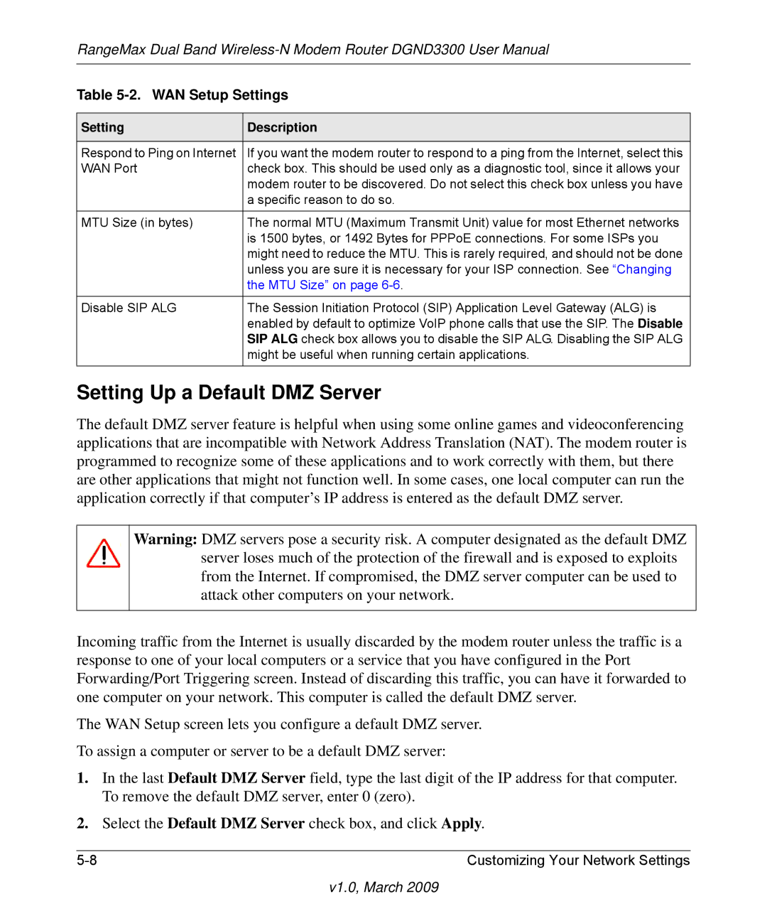 NETGEAR DGND3300 user manual Setting Up a Default DMZ Server, WAN Port 