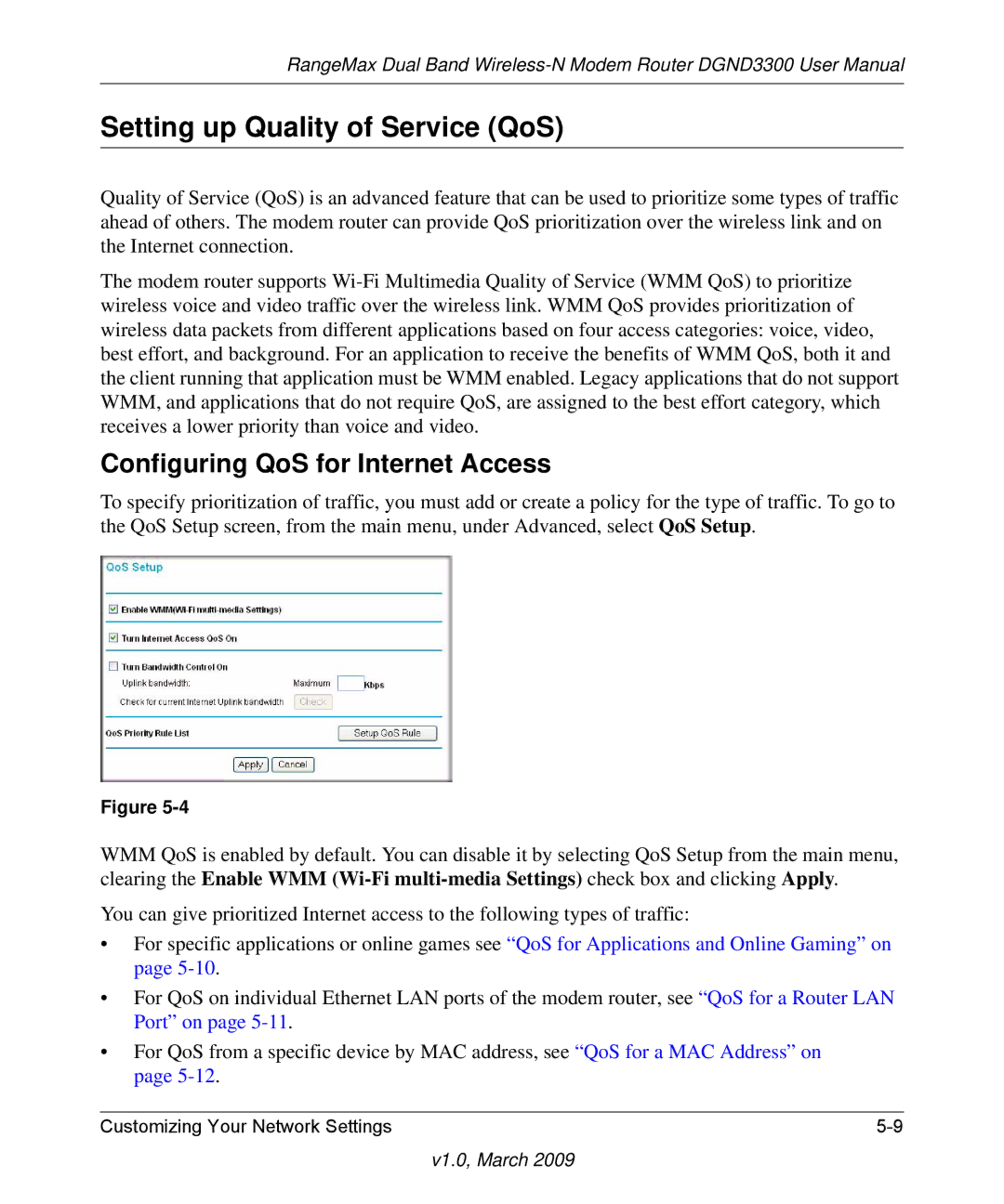 NETGEAR DGND3300 user manual Setting up Quality of Service QoS, Configuring QoS for Internet Access 