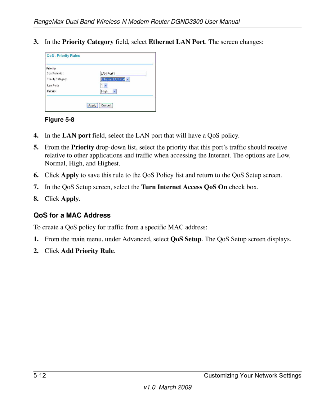 NETGEAR DGND3300 user manual QoS for a MAC Address 