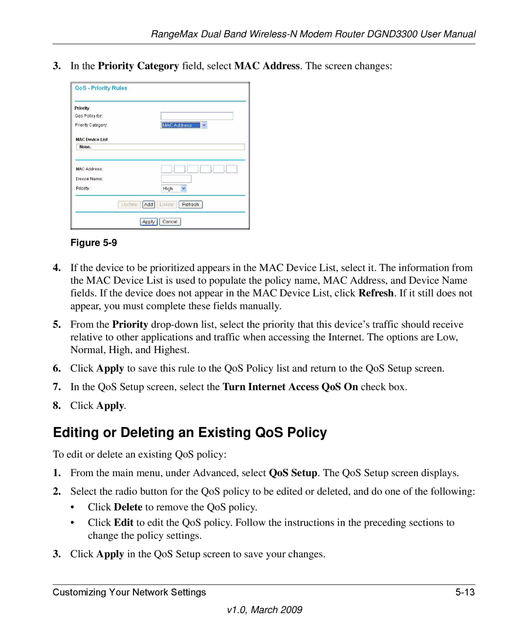 NETGEAR DGND3300 user manual Editing or Deleting an Existing QoS Policy 